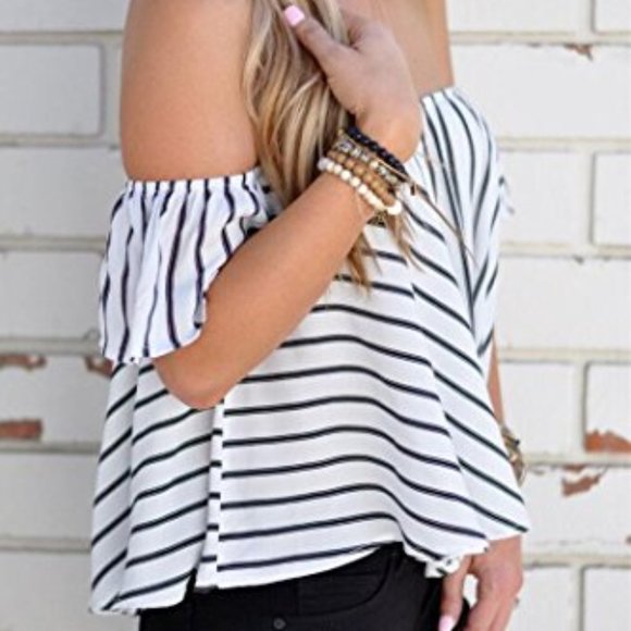 Women's Off Shoulder Stripe Casual Blouse Top - Picture 2 of 5